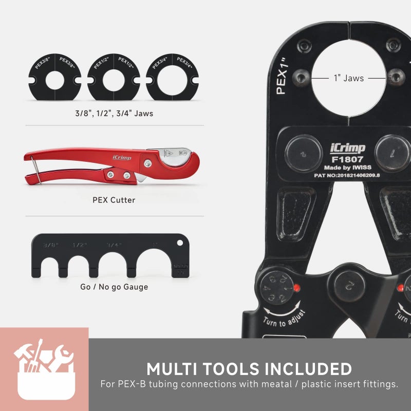 IWISS iCrimp Pex Pipe Crimping Tool kit for 3/8,1/2,3/4,1-inch Copper Ring with Free Gauge&Pex Pipe Cutter -Meet ASTM F1807 and Portable - Image 2